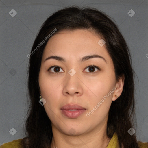 Neutral white young-adult female with long  brown hair and brown eyes