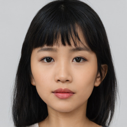 Neutral asian young-adult female with long  black hair and brown eyes