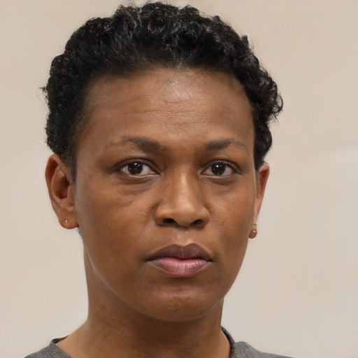 Neutral black adult female with short  brown hair and brown eyes