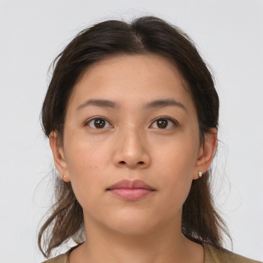 Neutral asian young-adult female with medium  brown hair and brown eyes