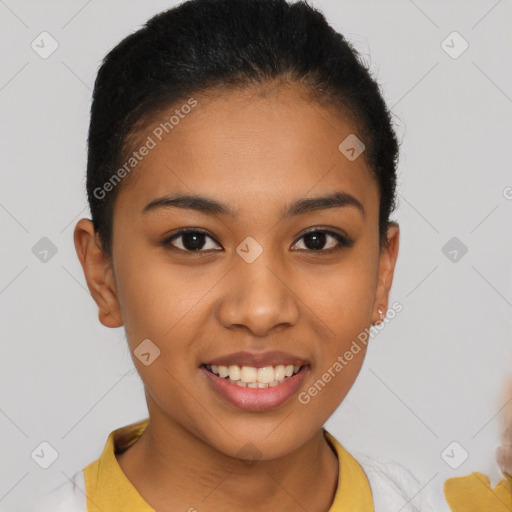 Joyful latino young-adult female with short  brown hair and brown eyes