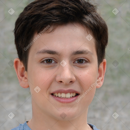 Joyful white child male with short  brown hair and brown eyes