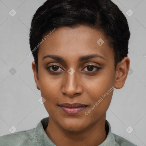 Joyful latino young-adult female with short  brown hair and brown eyes