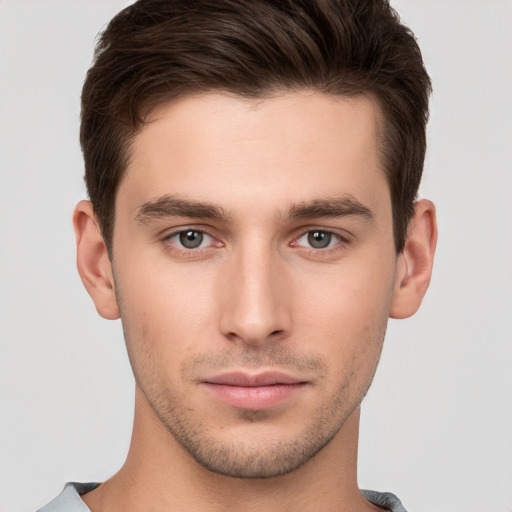 Neutral white young-adult male with short  brown hair and brown eyes