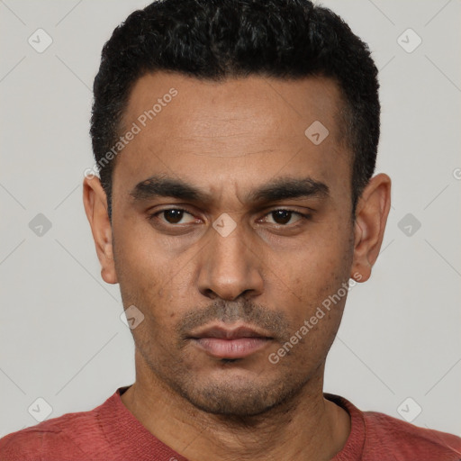 Neutral latino young-adult male with short  black hair and brown eyes