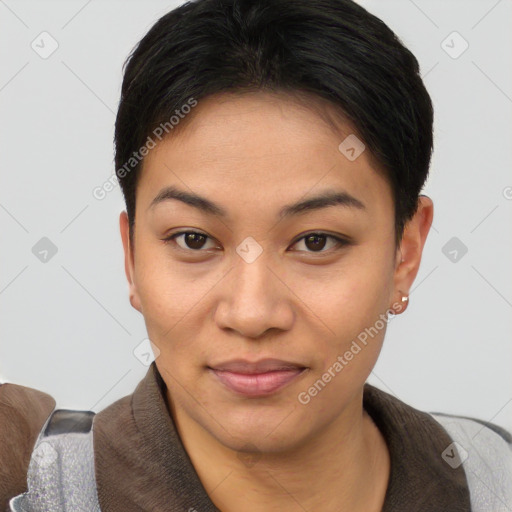 Joyful asian young-adult female with short  brown hair and brown eyes