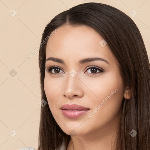 Neutral white young-adult female with long  brown hair and brown eyes