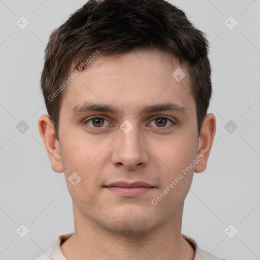 Neutral white young-adult male with short  brown hair and brown eyes