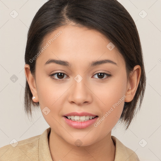 Joyful white young-adult female with medium  brown hair and brown eyes