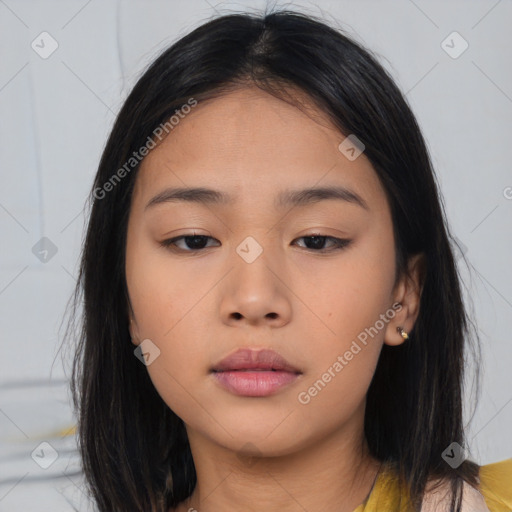 Neutral asian young-adult female with long  brown hair and brown eyes