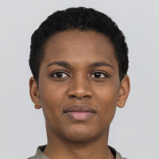Neutral black young-adult female with short  black hair and brown eyes