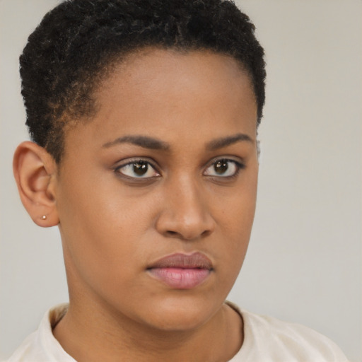 Neutral latino young-adult female with short  brown hair and brown eyes
