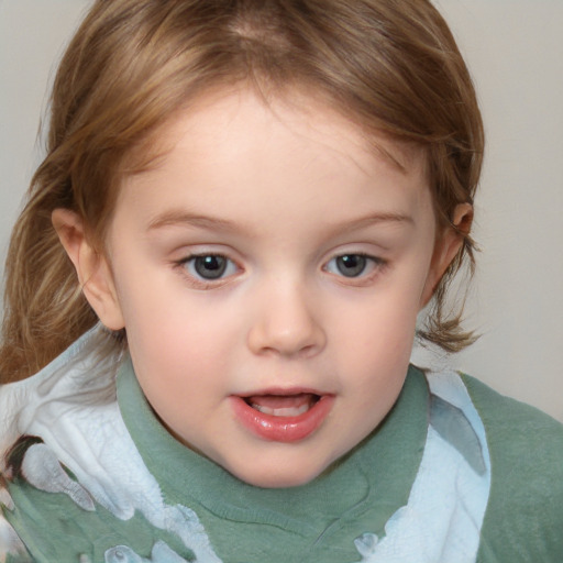 Joyful white child female with medium  brown hair and grey eyes