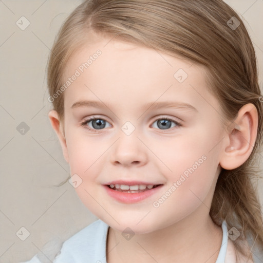 Joyful white child female with medium  brown hair and blue eyes