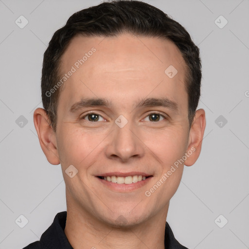 Joyful white young-adult male with short  brown hair and brown eyes