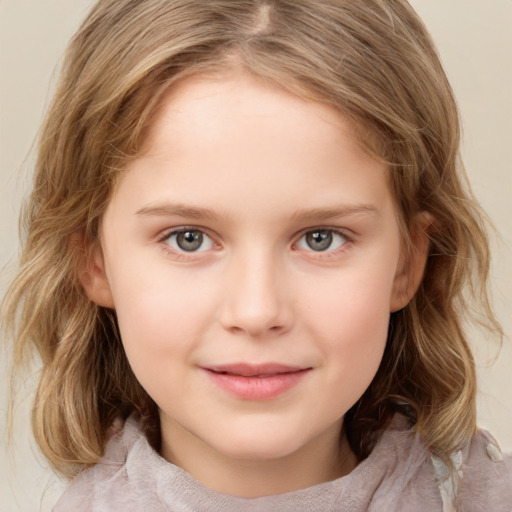 Joyful white child female with medium  brown hair and grey eyes