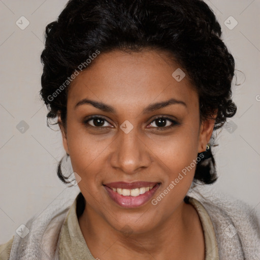 Joyful latino young-adult female with short  brown hair and brown eyes