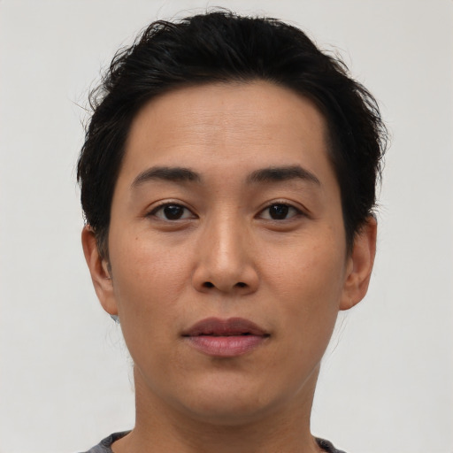 Neutral asian young-adult female with short  brown hair and brown eyes