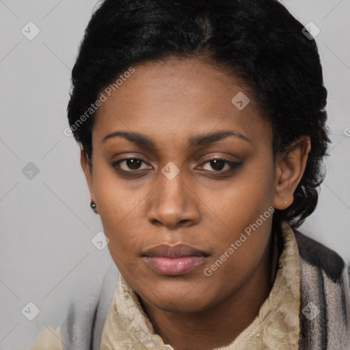 Neutral black young-adult female with short  black hair and brown eyes