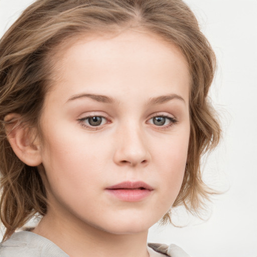 Neutral white child female with medium  brown hair and blue eyes