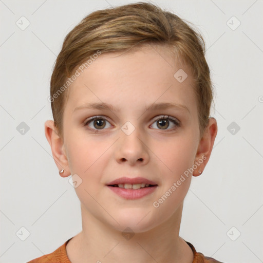 Joyful white child female with short  brown hair and brown eyes