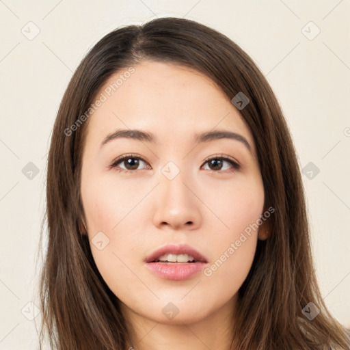 Neutral white young-adult female with long  brown hair and brown eyes