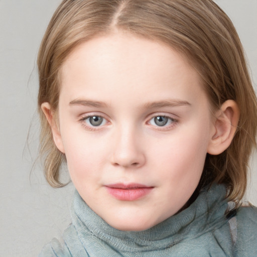 Neutral white child female with medium  brown hair and blue eyes