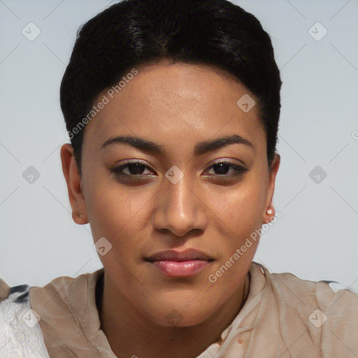 Joyful latino young-adult female with short  brown hair and brown eyes