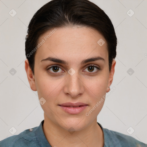 Joyful white young-adult female with short  brown hair and brown eyes