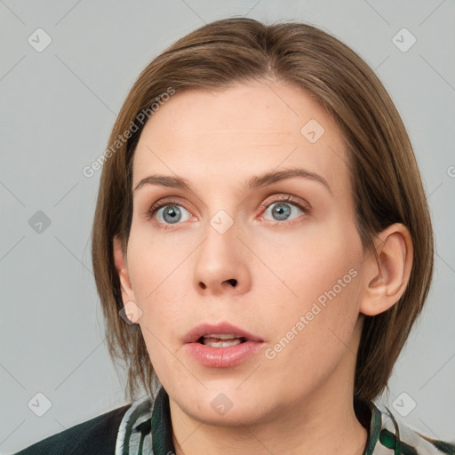 Neutral white young-adult female with medium  brown hair and blue eyes