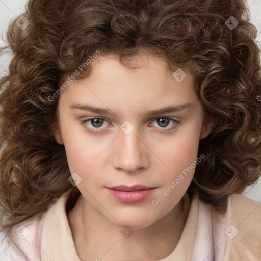 Joyful white child female with medium  brown hair and brown eyes