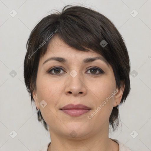 Joyful white young-adult female with medium  brown hair and brown eyes