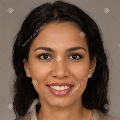 Joyful latino young-adult female with long  brown hair and brown eyes