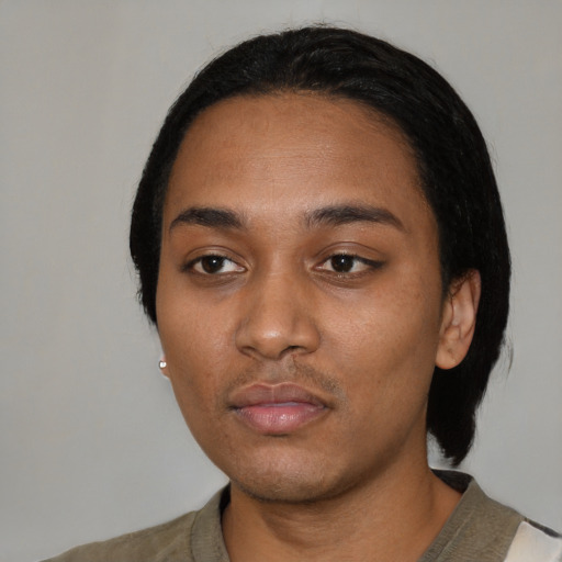 Neutral black young-adult female with medium  black hair and brown eyes