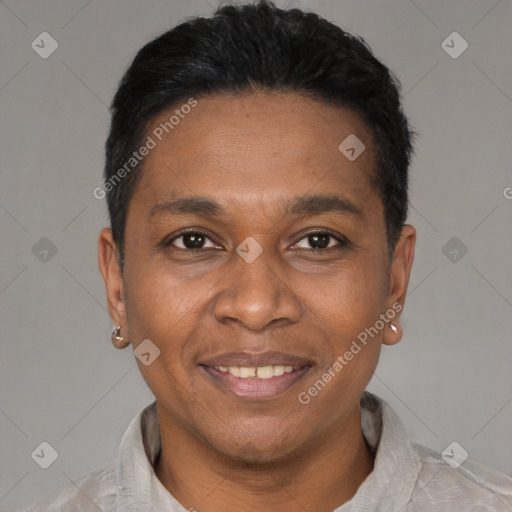 Joyful black adult male with short  black hair and brown eyes