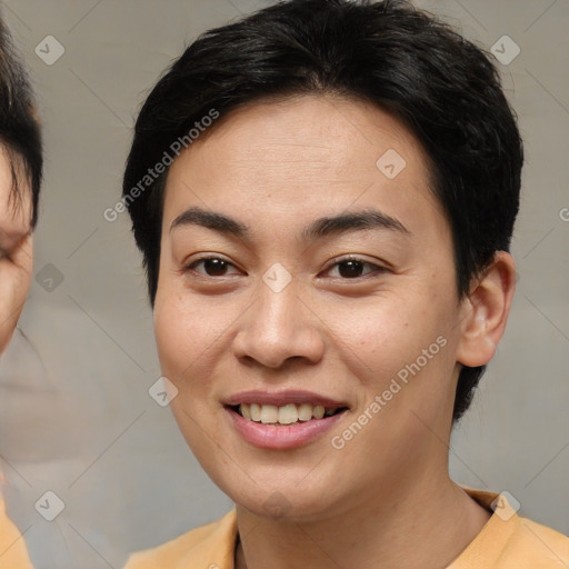 Joyful latino young-adult female with short  brown hair and brown eyes