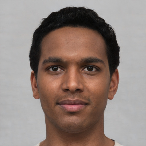 Neutral black young-adult male with short  black hair and brown eyes