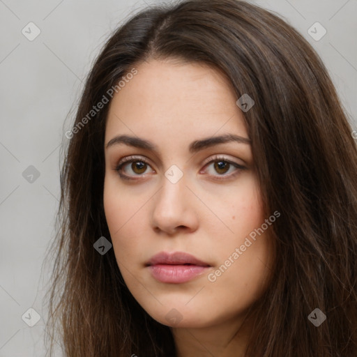 Neutral white young-adult female with long  brown hair and brown eyes