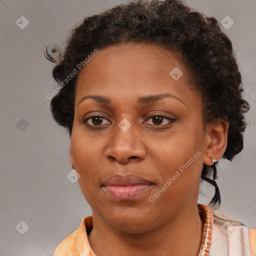 Neutral black adult female with short  brown hair and brown eyes