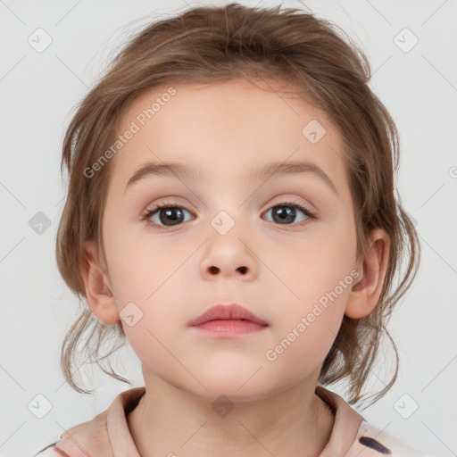 Neutral white child female with medium  brown hair and grey eyes