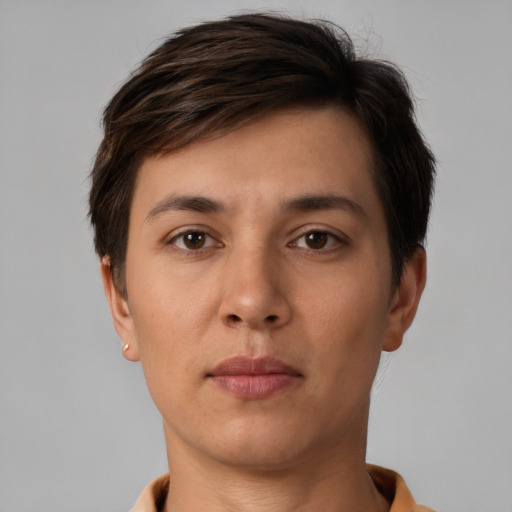 Neutral white young-adult female with short  brown hair and brown eyes