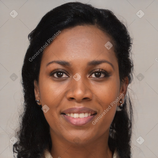 Joyful latino young-adult female with long  black hair and brown eyes