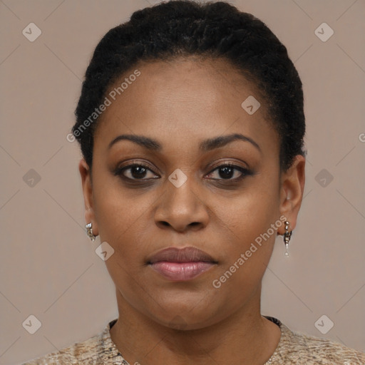 Joyful black young-adult female with short  black hair and brown eyes