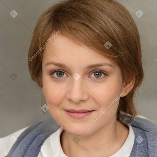 Joyful white young-adult female with medium  brown hair and blue eyes