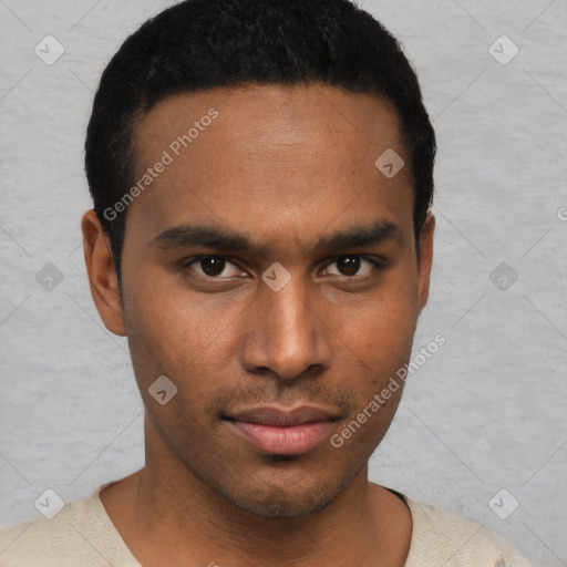 Neutral black young-adult male with short  black hair and brown eyes