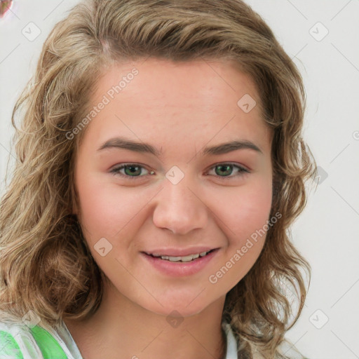 Joyful white young-adult female with medium  brown hair and green eyes