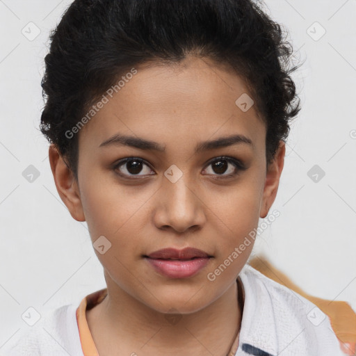 Joyful latino young-adult female with short  brown hair and brown eyes