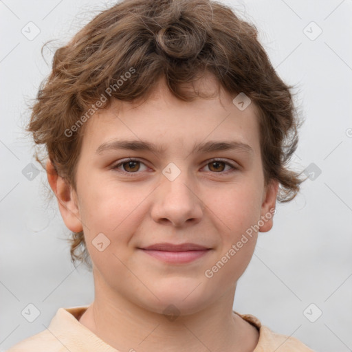 Joyful white child female with short  brown hair and brown eyes