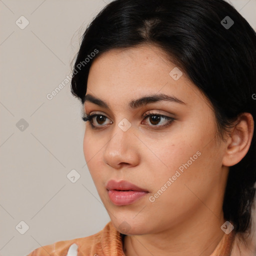 Neutral white young-adult female with medium  brown hair and brown eyes