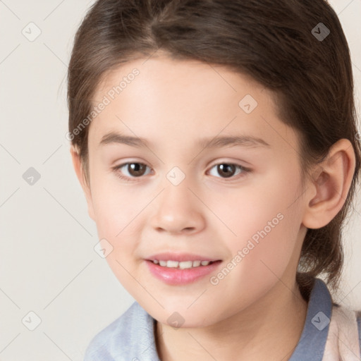 Joyful white child female with medium  brown hair and brown eyes